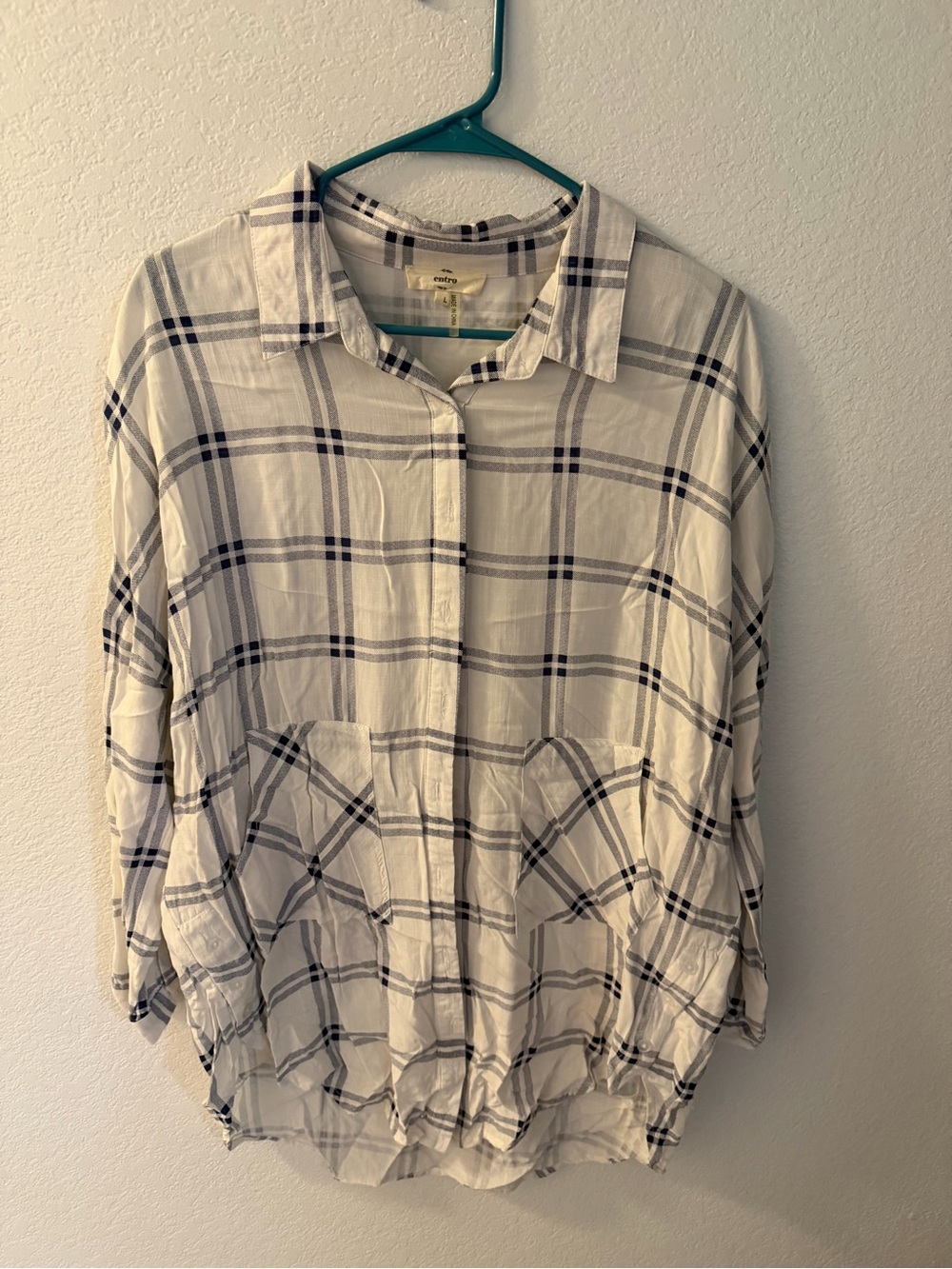 entro White and Navy Plaid Button Shirt